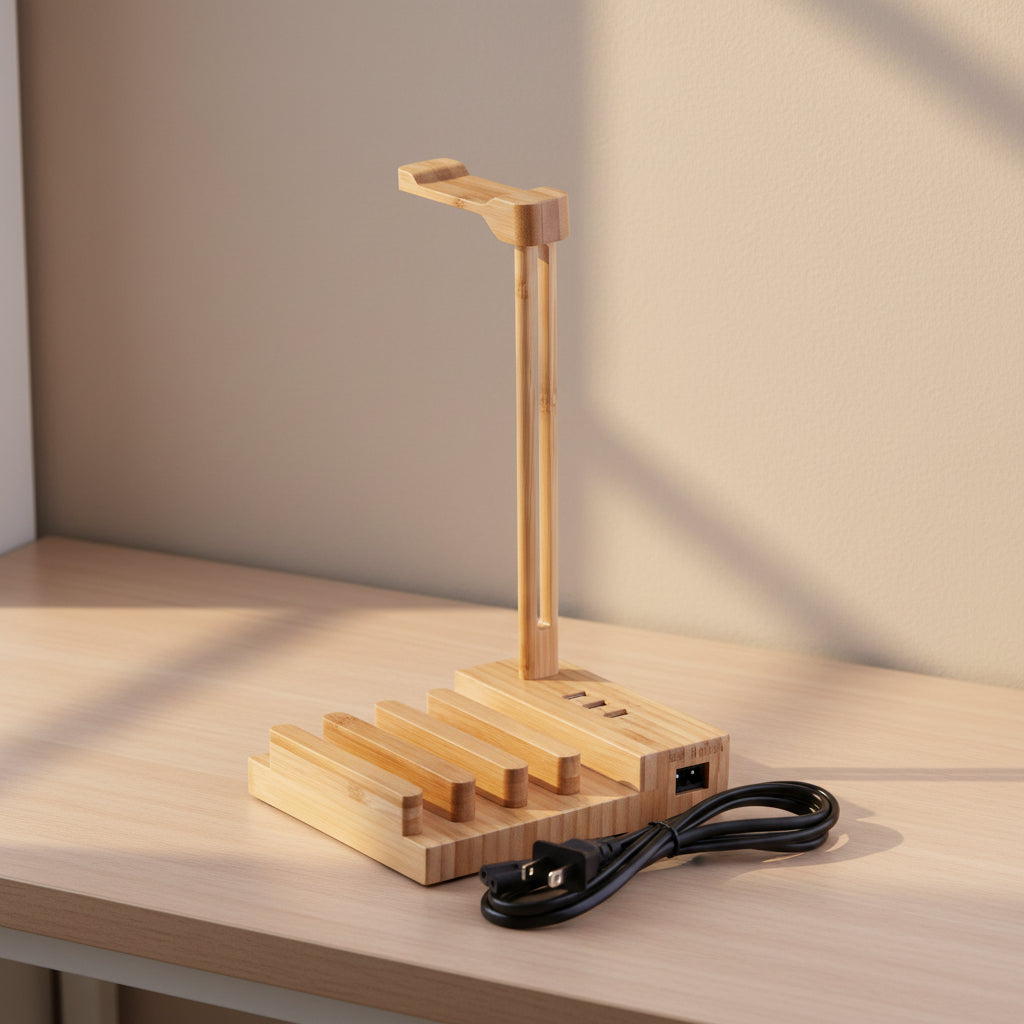 Solid Wood Earphone Stand – Minimalist Desk Headphone Holder