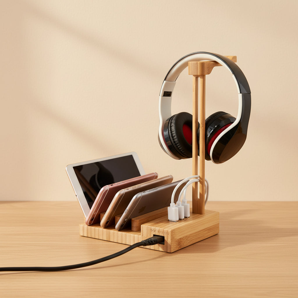 Solid Wood Earphone Stand – Minimalist Desk Headphone Holder