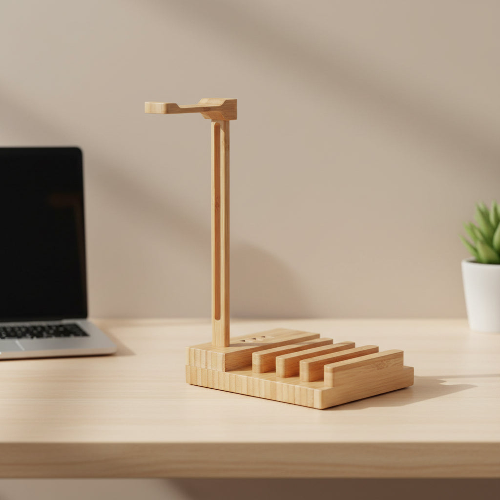 Solid Wood Earphone Stand – Minimalist Desk Headphone Holder